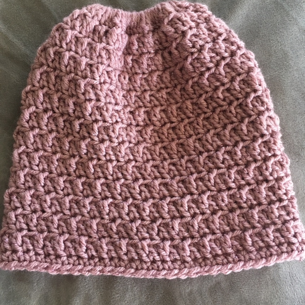 Ladies Rose Gold Blush Pink Bun Beanie